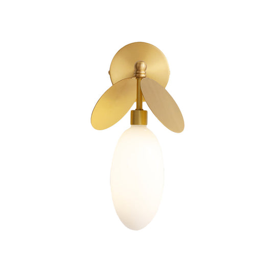 Modern Globe/Oval Wall Mount Lamp With Cream Glass - Brass Bedside Light Leaf Deco