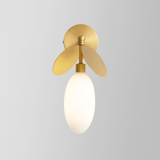 Modern Globe/Oval Wall Mount Lamp With Cream Glass - Brass Bedside Light Leaf Deco