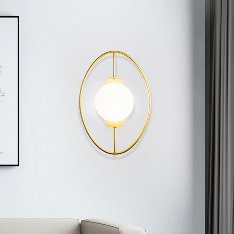 Minimalist Metal Halo Ring Sconce Lighting With Black/Gold Finish Orb White Glass Shade Gold