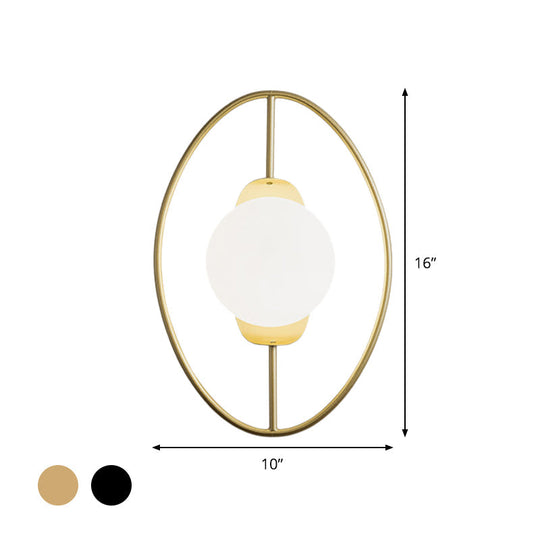 Minimalist Metal Halo Ring Sconce Lighting With Black/Gold Finish Orb White Glass Shade