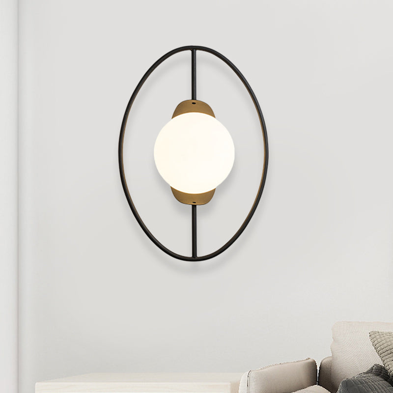 Minimalist Metal Halo Ring Sconce Lighting With Black/Gold Finish Orb White Glass Shade