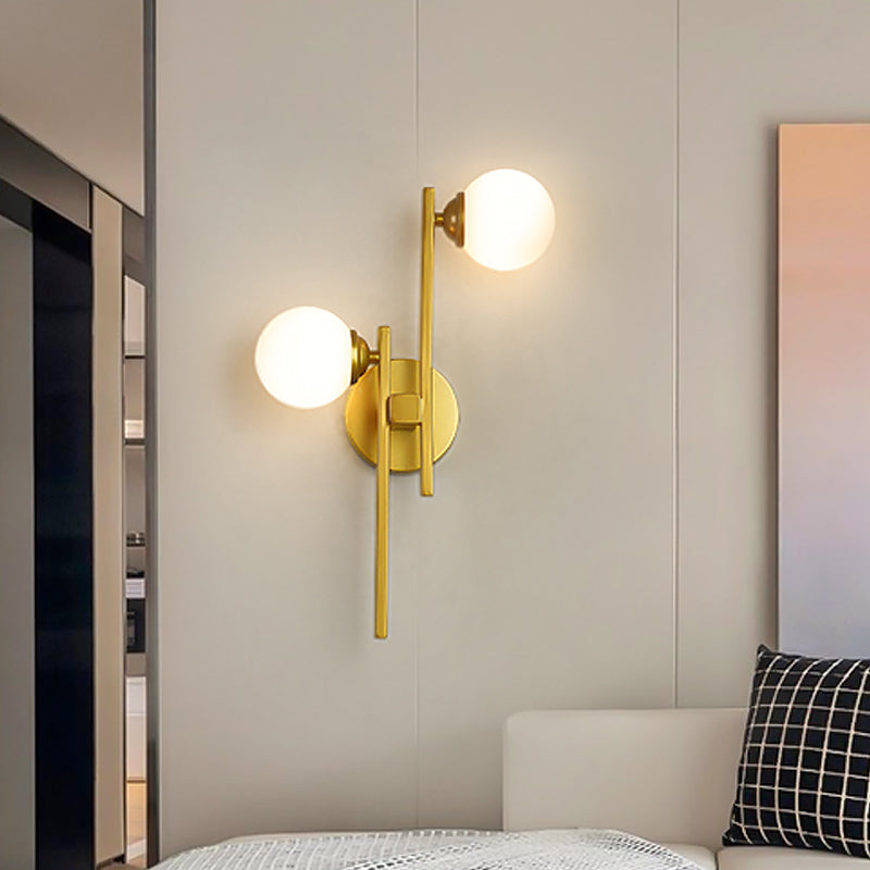 Modern Gold Wall Lamp With Opal Glass Shade - 2-Light Living Room Lighting