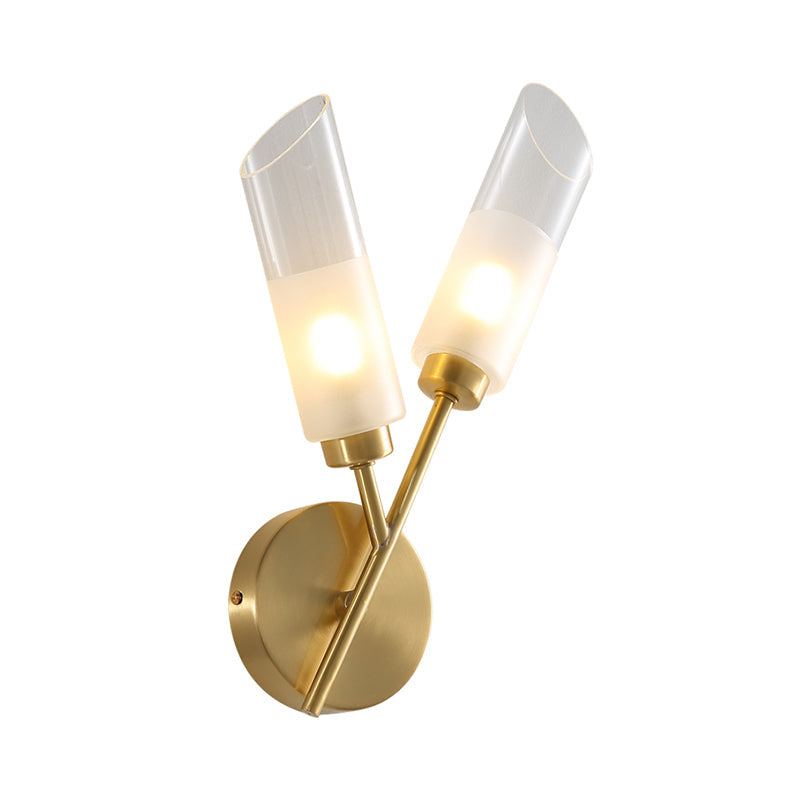 Modern Glass Wall Sconce With Beveled Tubes And 2-Light Brass Fixture