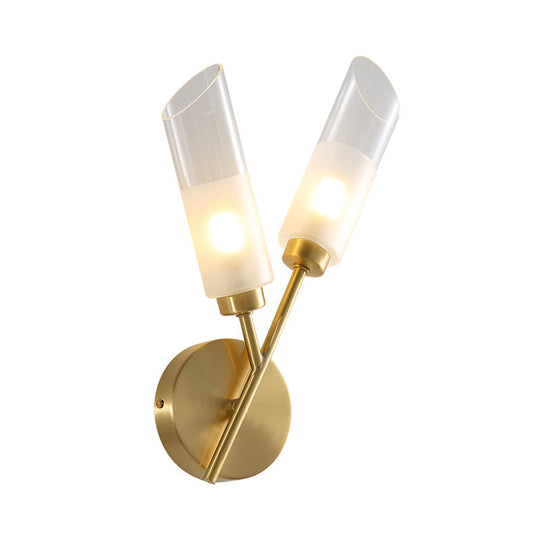 Modern Glass Wall Sconce With Beveled Tubes And 2-Light Brass Fixture