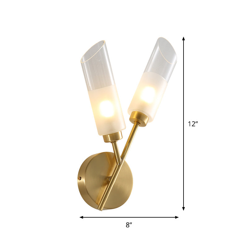 Modern Glass Wall Sconce With Beveled Tubes And 2-Light Brass Fixture