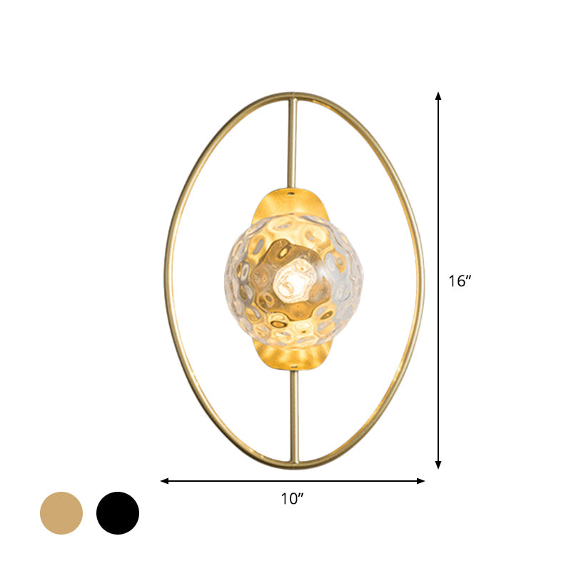 Modern Clear Glass Orb Sconce Lamp - 1-Bulb Black/Gold Wall Light With Ring Detail