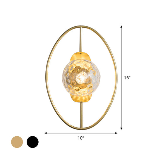 Modern Clear Glass Orb Sconce Lamp - 1-Bulb Black/Gold Wall Light With Ring Detail