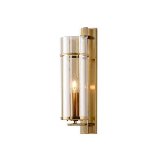 Modernist Brass Wall Lamp With Tubular Cognac/Water Blue Glass Shade - Bedroom Sconce Light Fixture