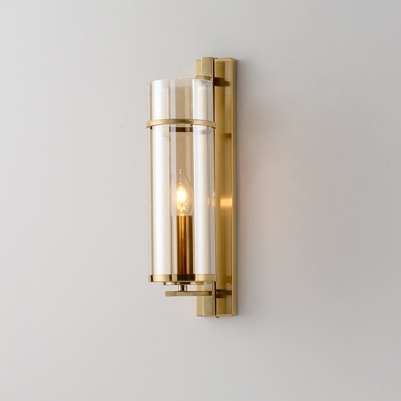 Modernist Brass Wall Lamp With Tubular Cognac/Water Blue Glass Shade - Bedroom Sconce Light Fixture