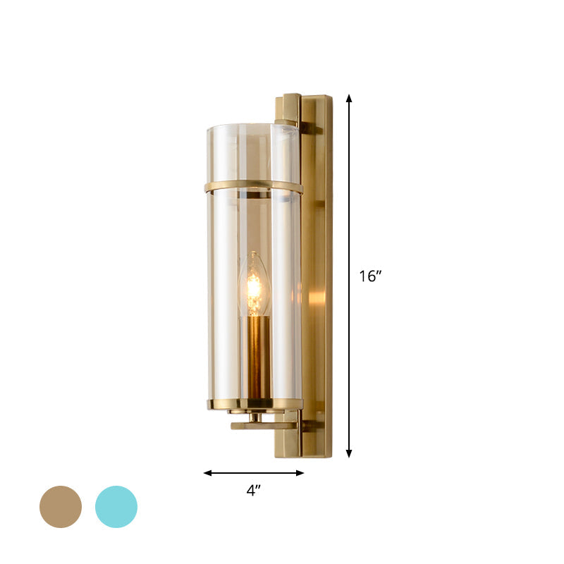 Modernist Brass Wall Lamp With Tubular Cognac/Water Blue Glass Shade - Bedroom Sconce Light Fixture