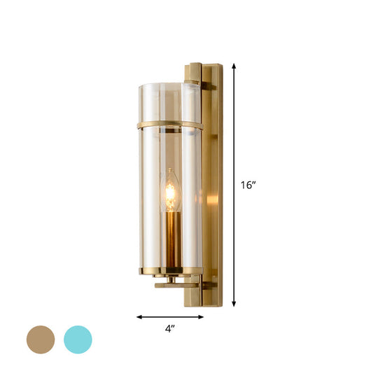 Modernist Brass Wall Lamp With Tubular Cognac/Water Blue Glass Shade - Bedroom Sconce Light Fixture