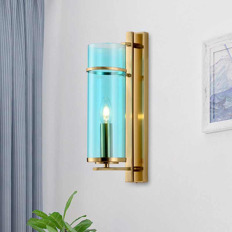 Modernist Brass Wall Lamp With Tubular Cognac/Water Blue Glass Shade - Bedroom Sconce Light Fixture