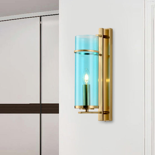 Modernist Brass Wall Lamp With Tubular Cognac/Water Blue Glass Shade - Bedroom Sconce Light Fixture