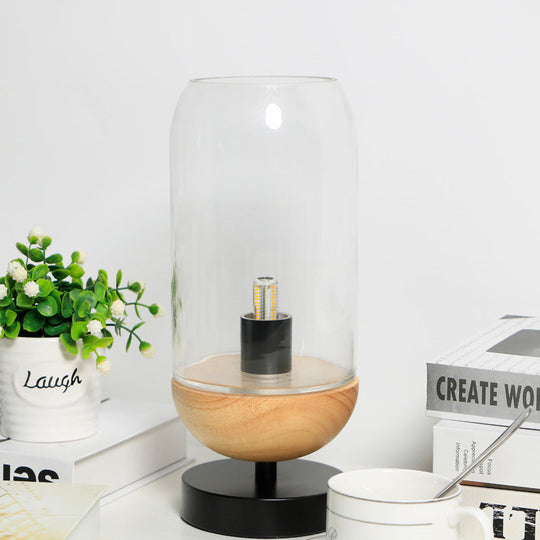 Sleek Led Table Lamp: Modern Black & Wood Cylinder Design With Clear Glass Shade