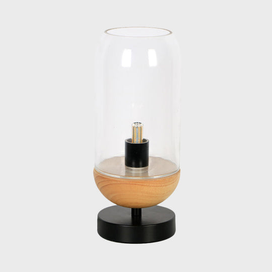 Sleek Led Table Lamp: Modern Black & Wood Cylinder Design With Clear Glass Shade