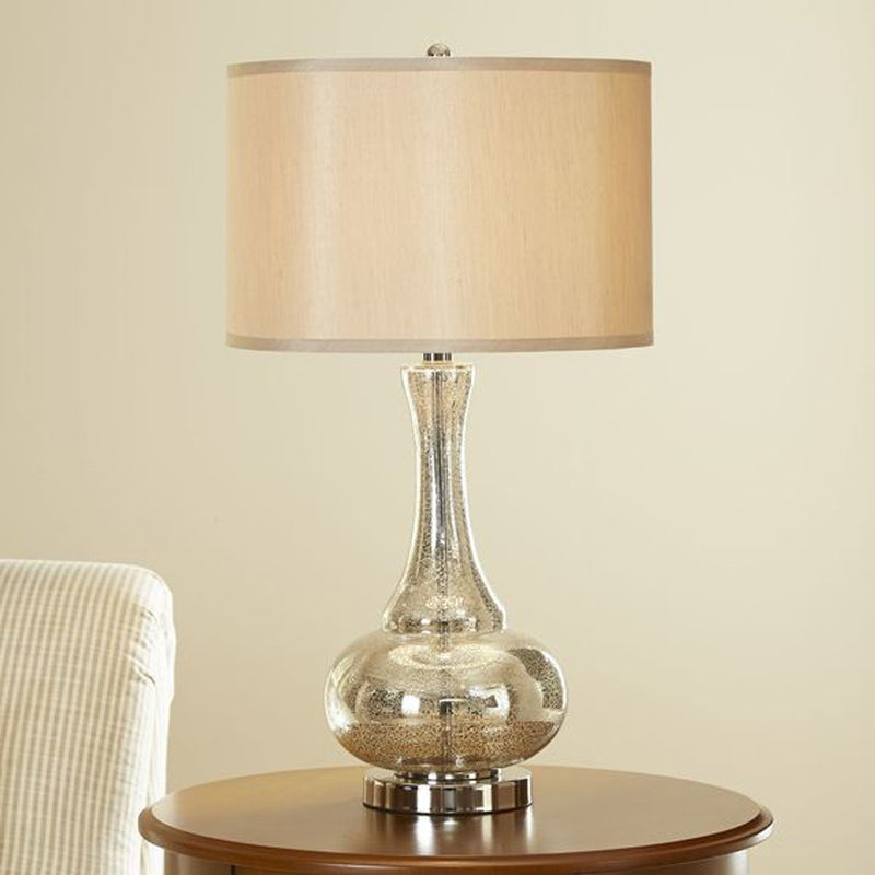 Modern Silver Glass Nightstand Lamp With Beige Fabric Shade