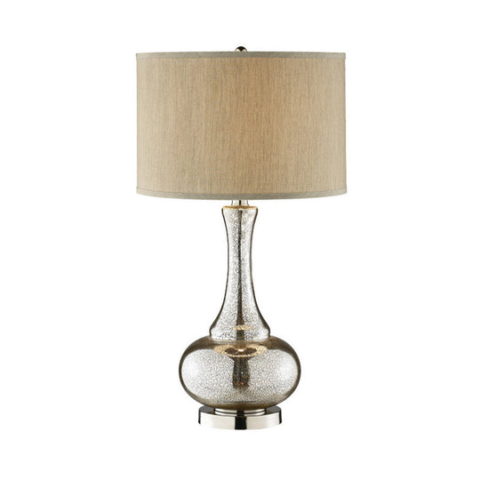 Modern Silver Glass Nightstand Lamp With Beige Fabric Shade