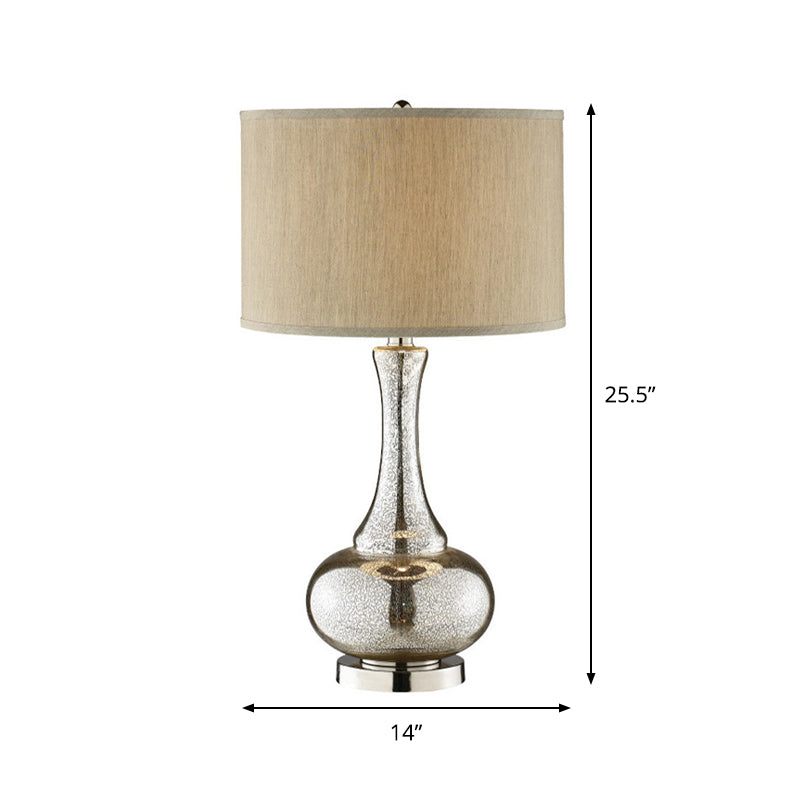 Modern Silver Glass Nightstand Lamp With Beige Fabric Shade