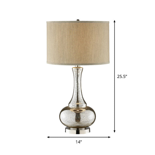 Modern Silver Glass Nightstand Lamp With Beige Fabric Shade