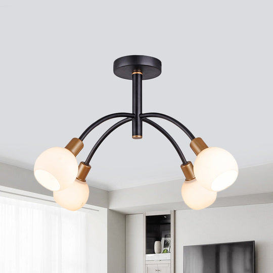 Modo Opal Glass Semi Flush Ceiling Lamp with Arced Arm - Minimalist Lighting, 4/6 Bulbs, Black Finish