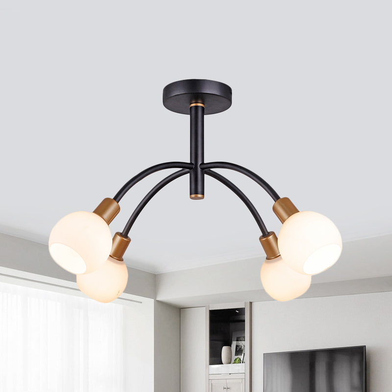 Minimalist Opal Glass Semi Flush Ceiling Lamp With Arched Arm - 4/6 Bulbs Black 4 /