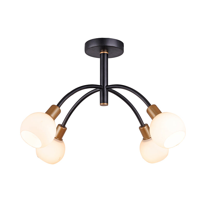 Modo Opal Glass Semi Flush Ceiling Lamp with Arced Arm - Minimalist Lighting, 4/6 Bulbs, Black Finish