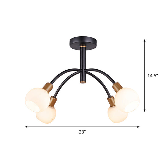 Modo Opal Glass Semi Flush Ceiling Lamp with Arced Arm - Minimalist Lighting, 4/6 Bulbs, Black Finish