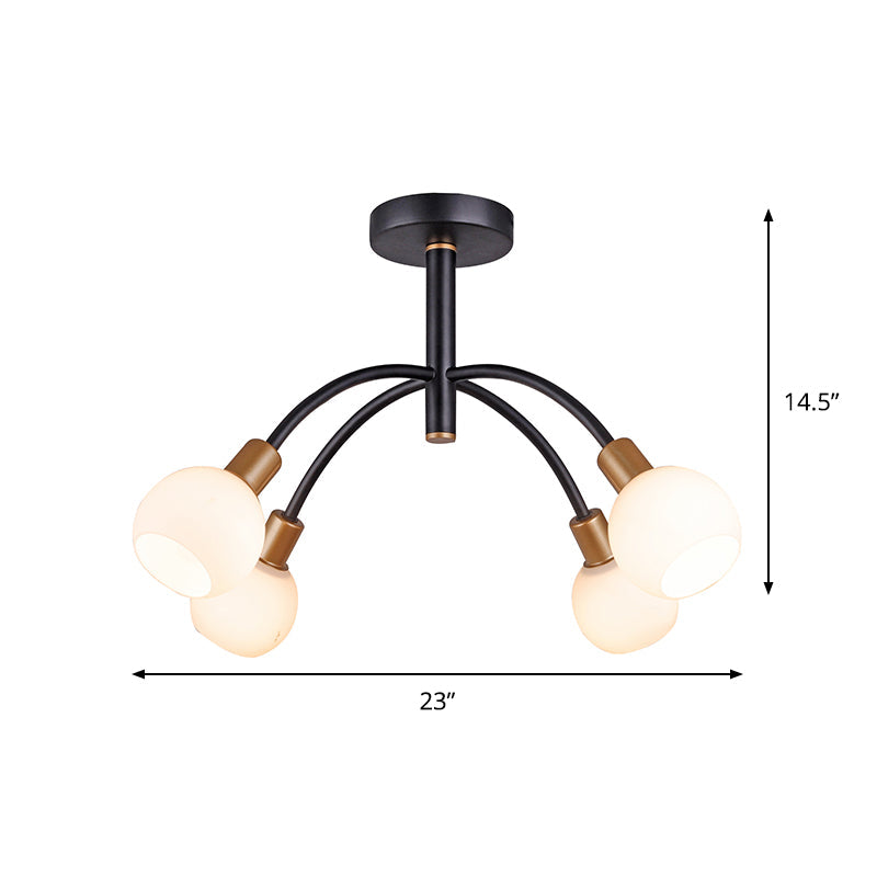 Minimalist Opal Glass Semi Flush Ceiling Lamp With Arched Arm - 4/6 Bulbs Black