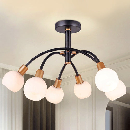 Minimalist Opal Glass Semi Flush Ceiling Lamp With Arched Arm - 4/6 Bulbs Black 6 /