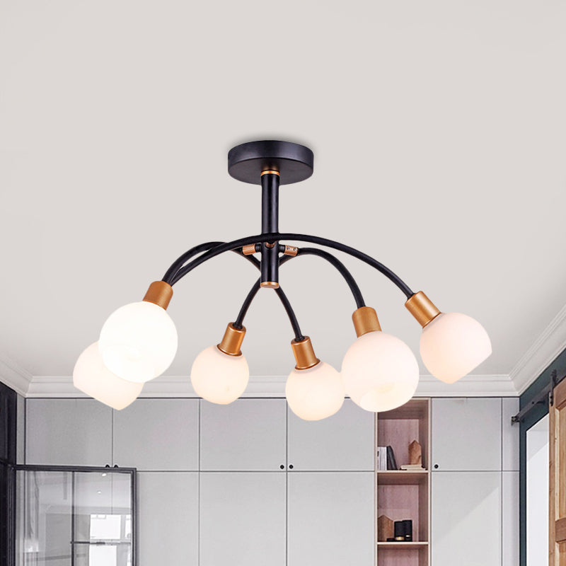 Modo Opal Glass Semi Flush Ceiling Lamp with Arced Arm - Minimalist Lighting, 4/6 Bulbs, Black Finish