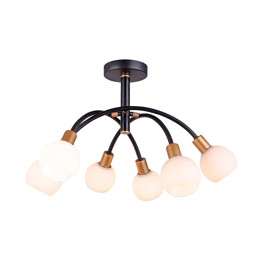 Modo Opal Glass Semi Flush Ceiling Lamp with Arced Arm - Minimalist Lighting, 4/6 Bulbs, Black Finish