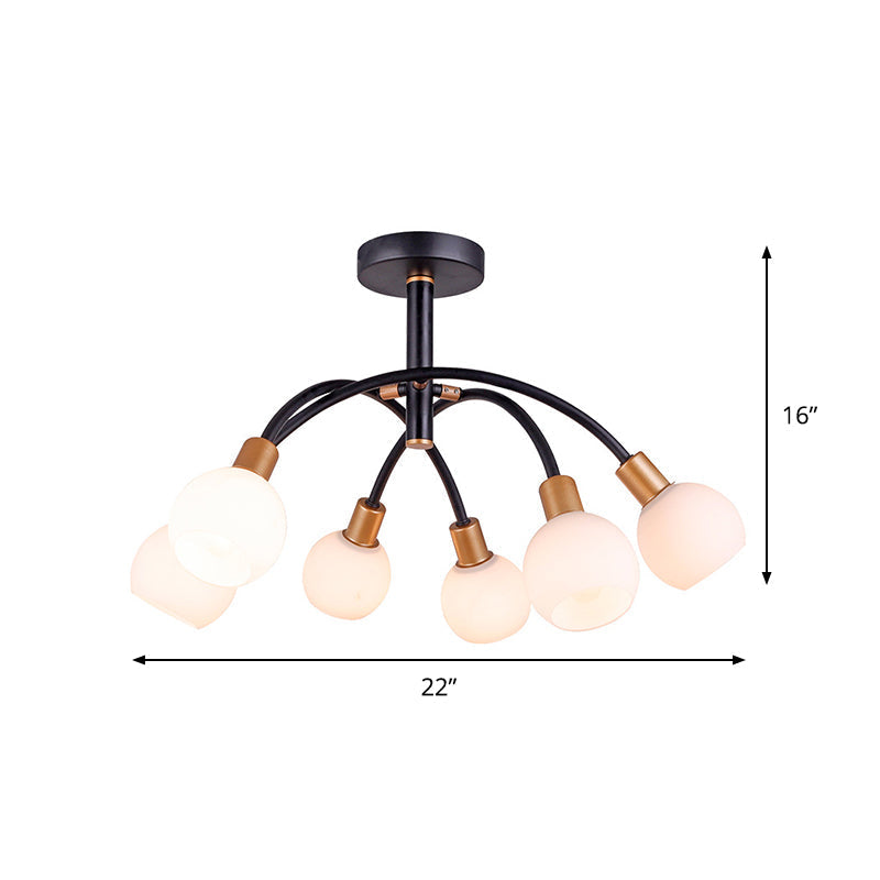 Minimalist Opal Glass Semi Flush Ceiling Lamp With Arched Arm - 4/6 Bulbs Black