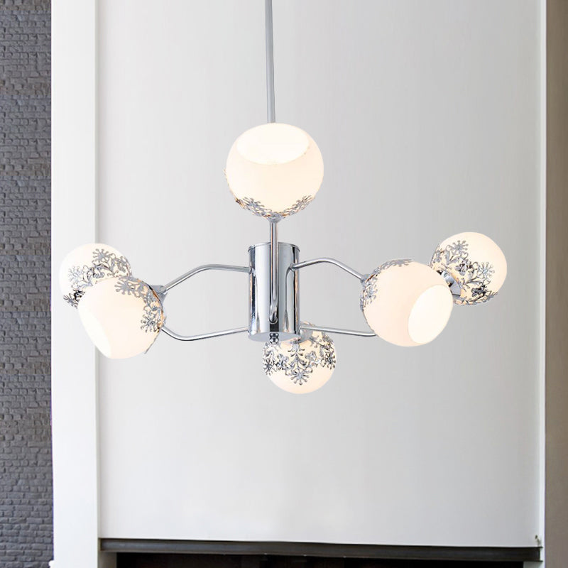 Frosted White Glass Ball Chandelier - Modern 6-Light Pendulum Lamp In Chrome With Flower Pattern