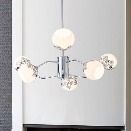 Frosted White Glass Ball Chandelier - Modern 6-Light Pendulum Lamp In Chrome With Flower Pattern