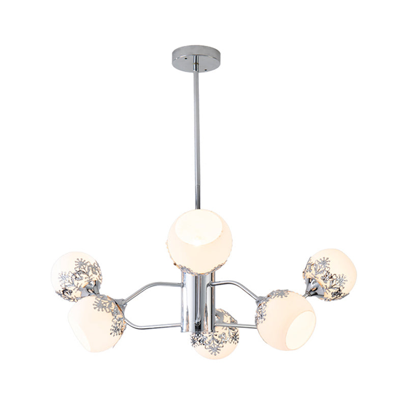 Frosted White Glass Ball Chandelier - Modern 6-Light Pendulum Lamp In Chrome With Flower Pattern