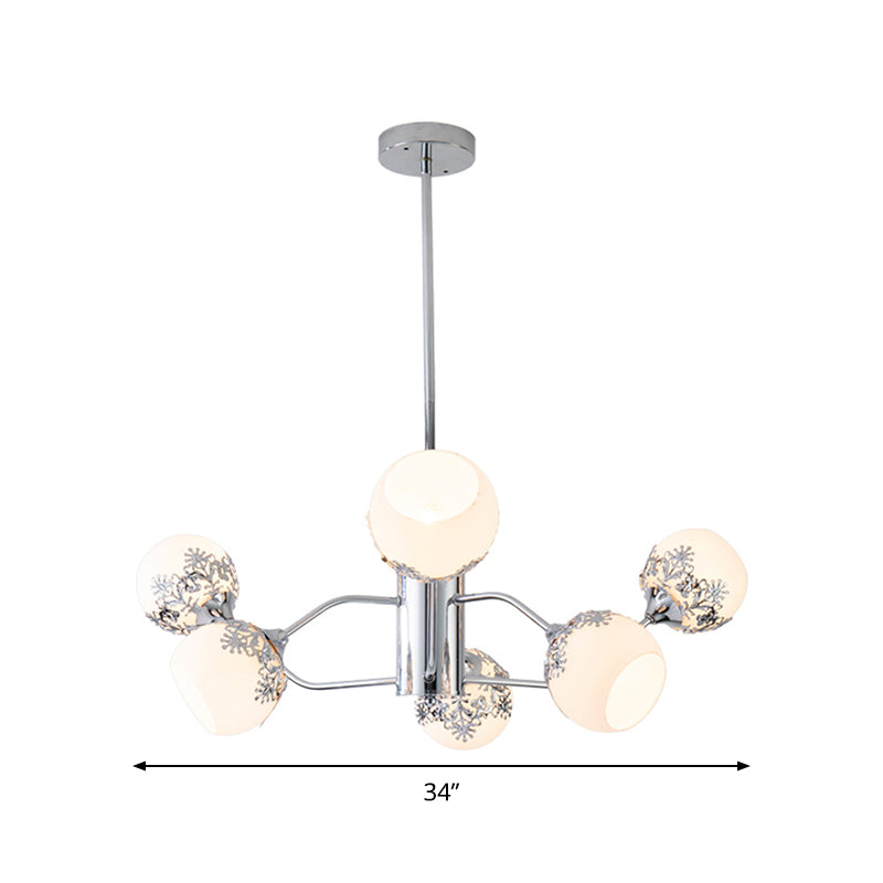 Frosted White Glass Ball Chandelier - Modern 6-Light Pendulum Lamp In Chrome With Flower Pattern