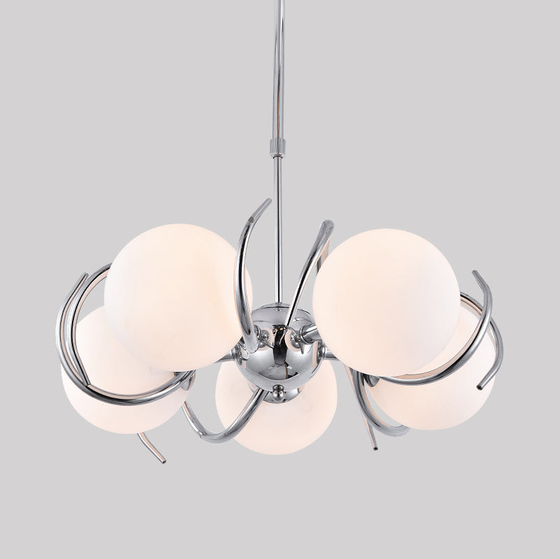 Sleek 5-Light Cream Glass Spherical Pendant Chandelier With Chrome Twisted Hanging Kit