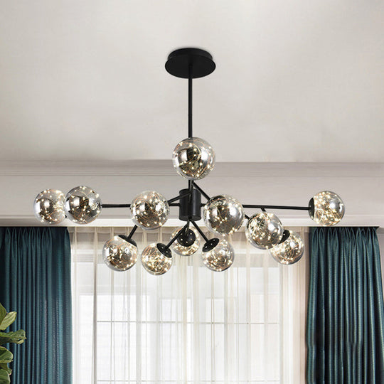 Modern Black Branch Chandelier Lamp - 12 Lights, Globe Smoke Gray Glass Shade