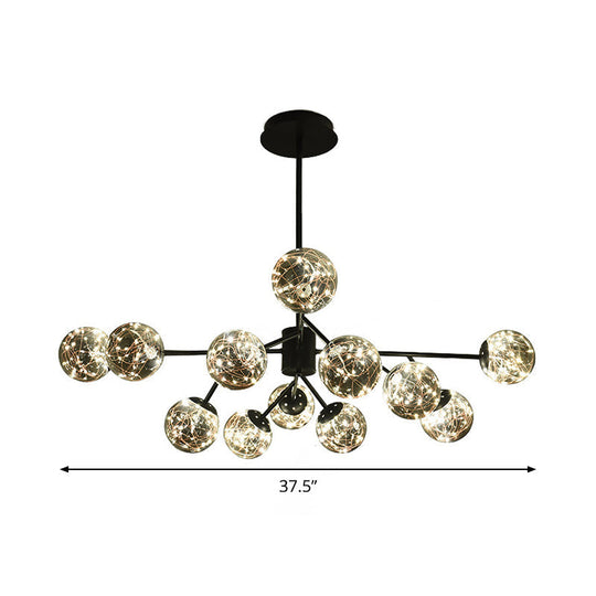 Modern Black Branch Chandelier With Smoke Gray Glass Shades 12-Light Living Room Hanging Lamp