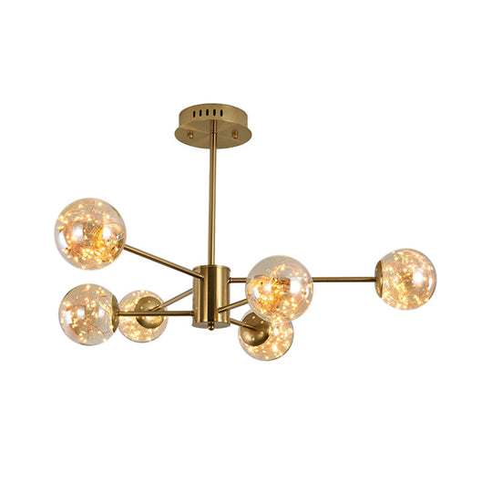 Modernist Amber Glass Ball Suspension Light 6/8 Heads Brass Sputnik Chandelier For Dining Room