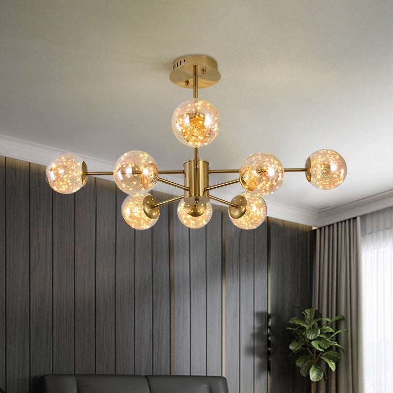 Modern Amber Glass Ball Chandelier - Stylish Brass Sputnik Suspension Light for Dining Room