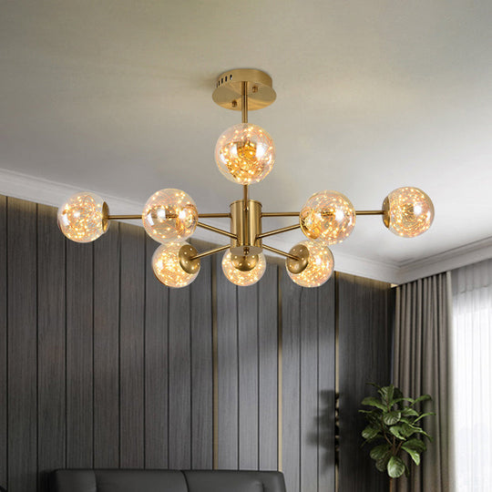 Modern Amber Glass Ball Chandelier - Stylish Brass Sputnik Suspension Light for Dining Room