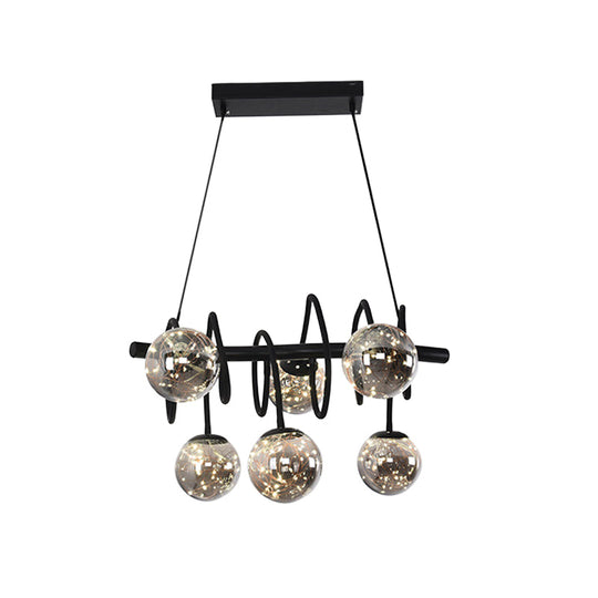 Modern Island Pendant Light with Smoke Gray Orb Glass Shade - Black Metal, LED Bulbs - Ideal for Dining Room