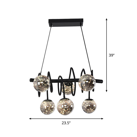 Sleek 6-Bulb Metal Island Pendant Light With Smoke Gray Glass Shade For Modern Dining Rooms