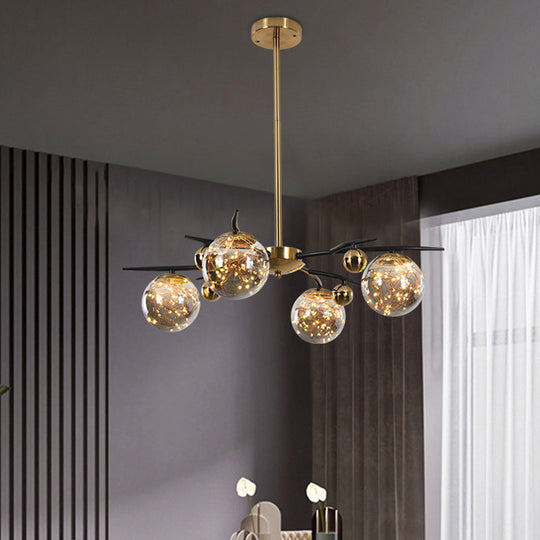 Contemporary Brass Globe Chandelier with Glowworm Design - 4/6 Lights, Smoke Gray Glass - Radial Suspension Lamp