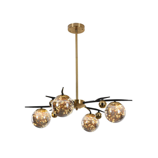 Contemporary Brass Globe Chandelier With Glowworm Design - Smoke Gray Glass 4/6 Lights