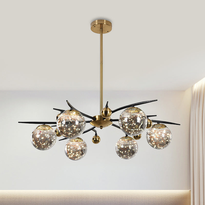 Contemporary Brass Globe Chandelier with Glowworm Design - 4/6 Lights, Smoke Gray Glass - Radial Suspension Lamp