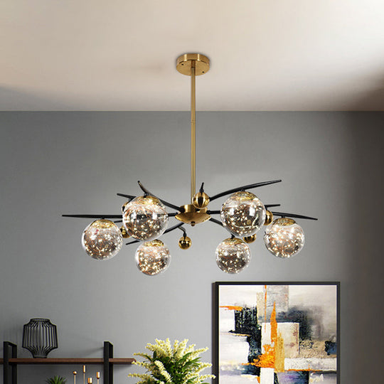 Contemporary Brass Globe Chandelier with Glowworm Design - 4/6 Lights, Smoke Gray Glass - Radial Suspension Lamp