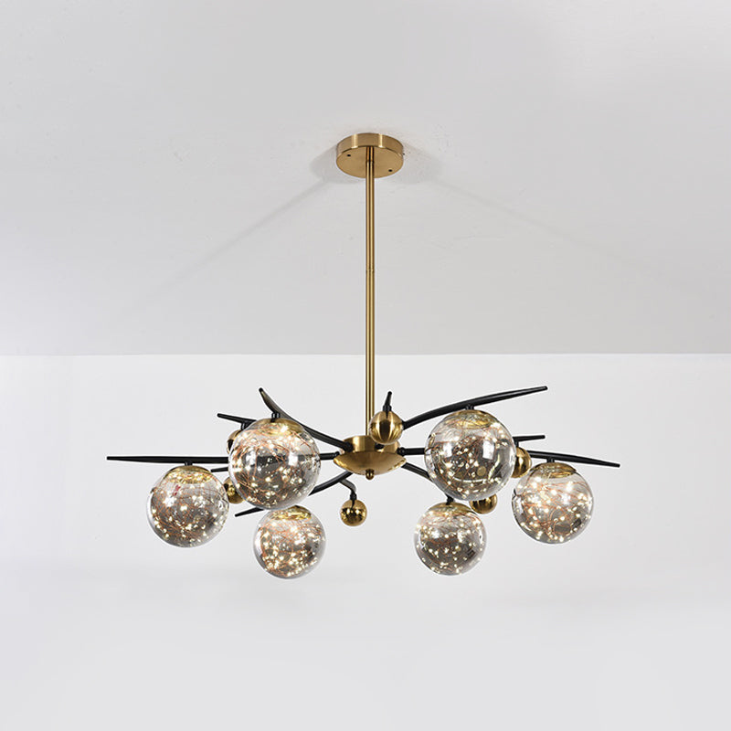 Contemporary Brass Globe Chandelier with Glowworm Design - 4/6 Lights, Smoke Gray Glass - Radial Suspension Lamp