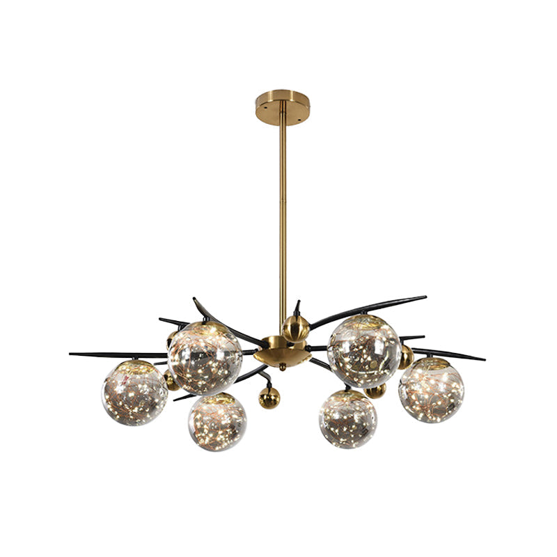 Contemporary Brass Globe Chandelier with Glowworm Design - 4/6 Lights, Smoke Gray Glass - Radial Suspension Lamp